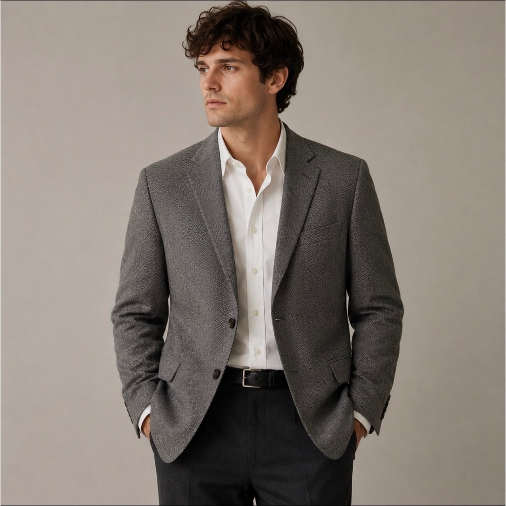 Chaps Mens Grey Herringbone 100% Lambswool Blazer Sport Coat Size 44
